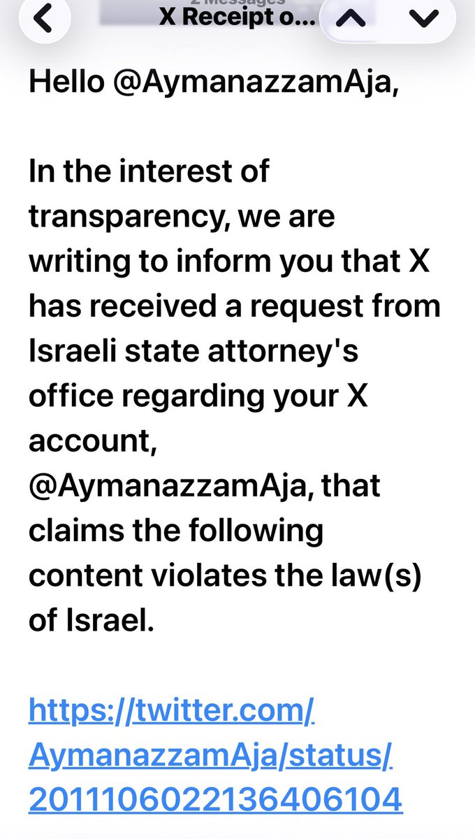 بعد إبلاغي بالأمس أنه تم حظر حساباتي و صفحاتي الالكترونية جميعها في الفضاء الإماراتي 

إدارة تطبيق X
أرسلت لي عبر البريد الالكتروني اليوم 
ما يفيد باعتراض 
ما يسمى مكتب ( النائب العام الإسرائيلي ) على تغريدات في حسابي هذا 
بزعم أنها تخالف ما يسمى ( قوانين النشر ) فيما تسمى (