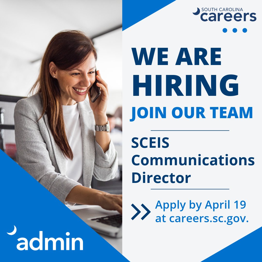 CareersSCGov's tweet image. Time is running out to apply! The @sc_deptofadmn is seeking a SCEIS Communications Director to works with teams to deliver accurate, timely and impactful information to SCEIS end users and stakeholders. Apply by April 19: bit.ly/4dxkxZj. #SCCareers #Communications