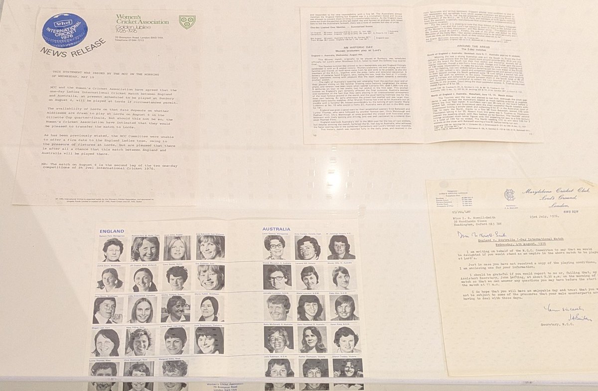 archivist_al's tweet photo. MCC Women's Day today, MCC played their first women's match in 1999 against Surrey U'21's featuring some notable names, this year also marks 50th anniversary of the first women's match @homeeofricket marked by a display in the museum (photo just part of it) https://t.co/w3PprXDuiN