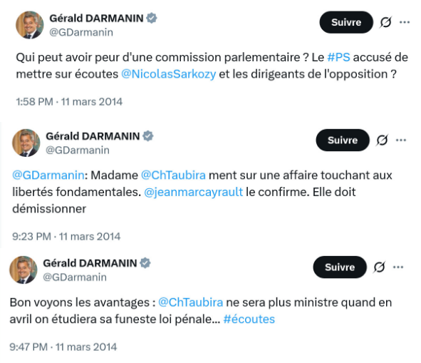 nous avons à faire ici à <a href="/GDarmanin/">Gérald DARMANIN</a> qui demande la démission d'une ministre de la justice parce que <a href="/NicolasSarkozy/">Nicolas Sarkozy</a> a été placé sur écoutes

la différence avec les écoutes de <a href="/RimaHas/">Rima Hassan</a> c'est qu'elles ne sont pas justifiées et que <a href="/GDarmanin/">Gérald DARMANIN</a> ne demande pas sa propre démission