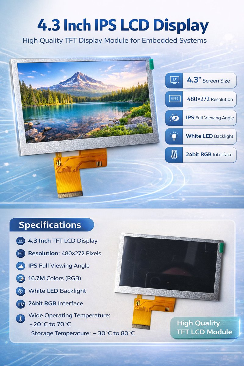 MaoshengDisplay's tweet image. 4.3" IPS LCD Display for Embedded Systems!

Key Features:
480×272 Resolution
IPS Full Viewing Angle
24-bit RGB Interface
📷 Contact Us:maoshengelectronics.com
WhatsApp: +86 185 7552 5695
#LCDDisplay #EmbeddedSystems #Electronics #TFT #IndustrialDisplay