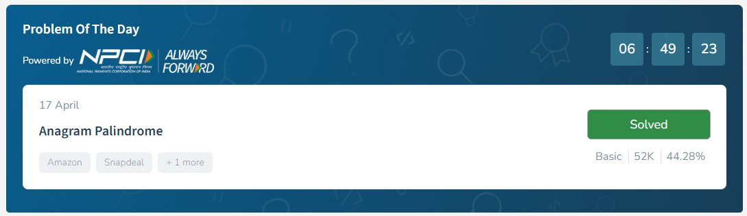 Kcodes7's tweet photo. Day 64 of #geekstreak60 🚀  

📅 Date: Apr 17  
✅ Problem: Anagram Palindrome  
Quick and interesting one! Strengthening string concepts and frequency-based thinking.  

#geekstreak60 #npci  
@geeksforgeeks @NPCI_NPCI https://t.co/H7L9kHyfDw