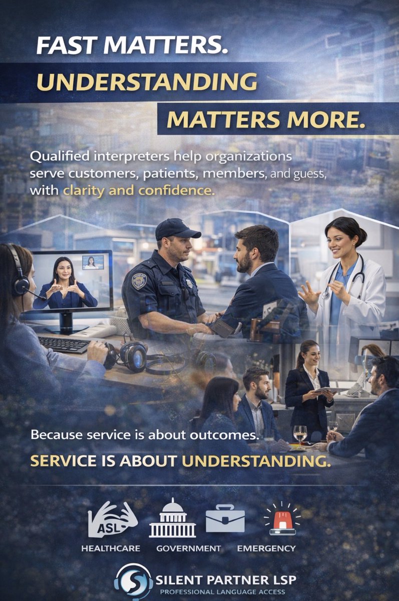 Silentpartlsp's tweet image. People remember how clearly you helped. Fast service matters, but trusted understanding matters more. Silent Partner LSP provides on-demand ASL + 300+ spoken languages for organizations serving customers, patients, members, guests, and communities. #LanguageAccess #Customer