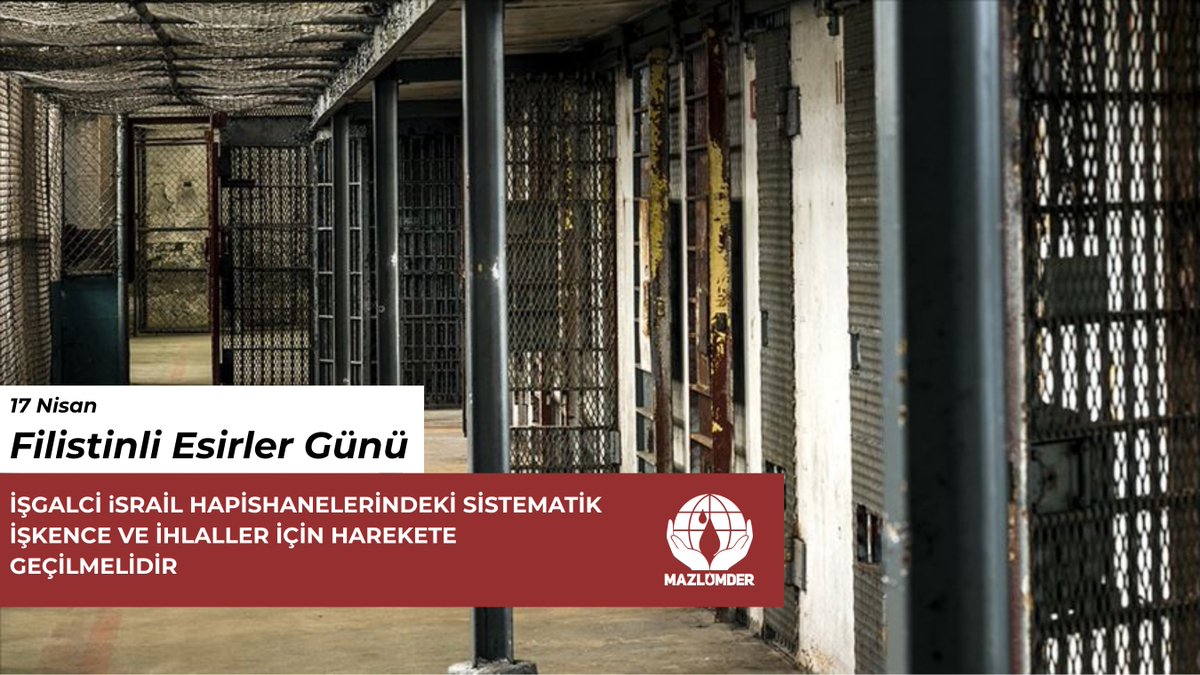 mazlumder's tweet photo. 17 Nisan Filistinli Esirler Günü

İşgalci İsrail Hapishanelerindeki Sistematik İşkence ve İhlaller İçin Harekete Geçilmelidir 

İşgalci İsrail hapishanelerinde on yıllardır devam eden sistematik işkence, tecrit ve keyfi tutuklamalar son dönemde giderek artmış ve tutsak edilen Filistinli esirlerin sayısı 9.600'ü aşmıştır.

Aralarında kadınların, çocukların ve ağır hastaların da bulunduğu Filistinli esirler üzerindeki bu zulüm, Knesset'te kabul edilen idam yasasıyla yeni ve tehlikeli bir aşamaya geçmiştir. Açıkça görülmektedir ki İsrail hapishaneleri, yürütülen soykırımın ve apartheid politikalarının ayrılmaz bir parçasıdır.

MAZLUMDER olarak; 17 Nisan Filistinli Esirler Günü münasebetiyle esirlerin maruz kaldığı ağır hak ihlallerini kamuoyuna yeniden hatırlatıyor, İsrail apartheid rejiminin hapishanelerinde işlenen insanlık suçlarına karşı uluslararası toplumu acilen harekete geçmeye ve tüm esirlerin derhal serbest bırakılmasını sağlamaya çağırıyoruz.