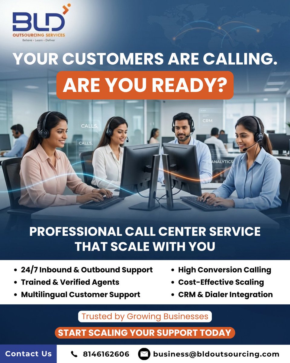 bld_outsourcing's tweet image. BLD Outsourcing - Professional Call Center Services That Scale With Your Growing Business!

📞9041222606 | 🌐bldoutsourcing.com

#BPO #CallCenter #OutsourcingServices #CallCenterSolutions #BPOServices #CustomerSupport #InboundSupport #OutboundCalling #BLDOutsourcing