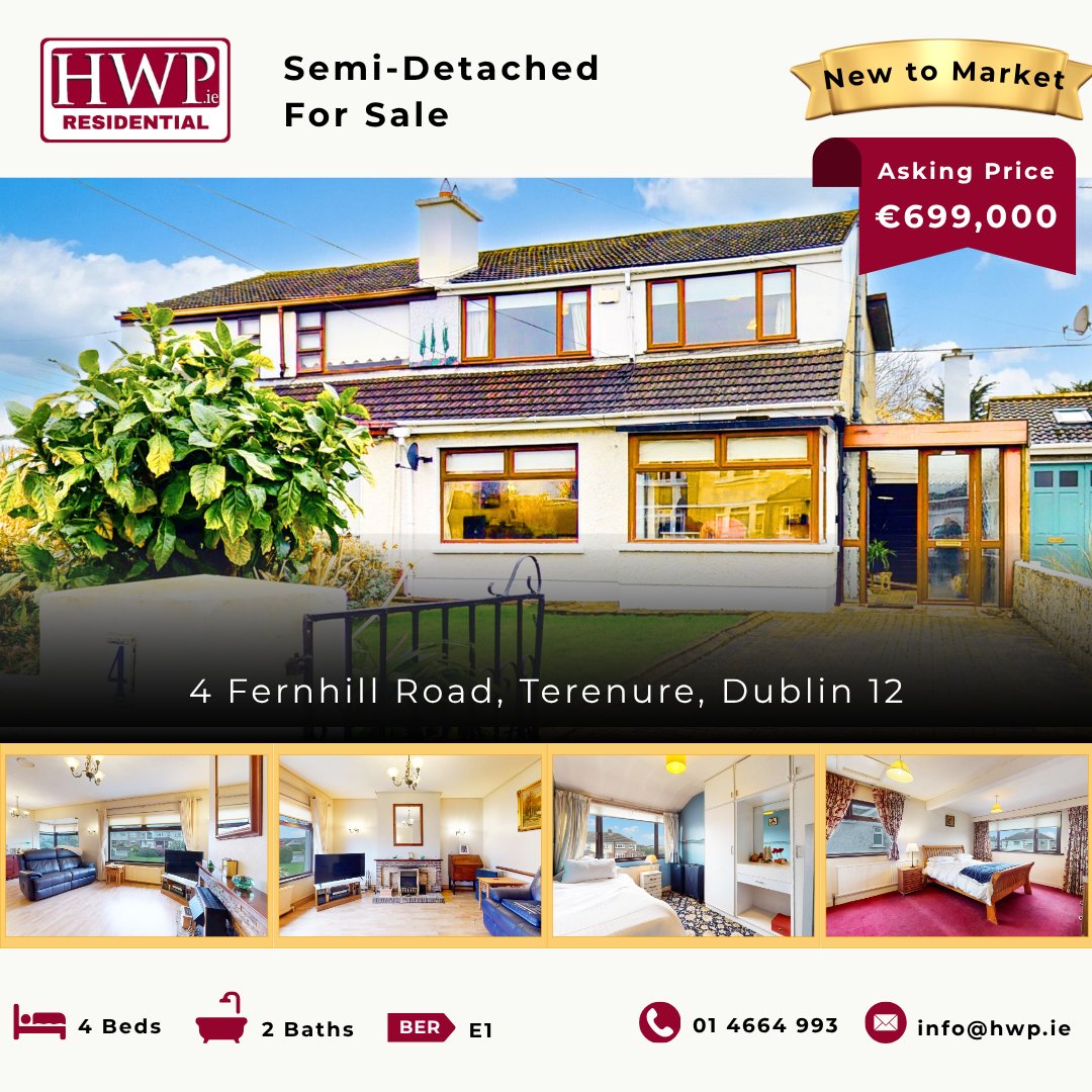 hwpestateagents's tweet photo. 4 Fernhill Road, Terenure
€699,000
Spacious 4-bed semi-detached home in a prime, mature location.
Two reception rooms, bright kitchen/dining &amp; excellent family layout.
https://t.co/u9M7ZyOFLF

📞 01 4664 993
📧 info@hwp.ie

#hwpresidential #dublinproperty https://t.co/RxTOcci63C
