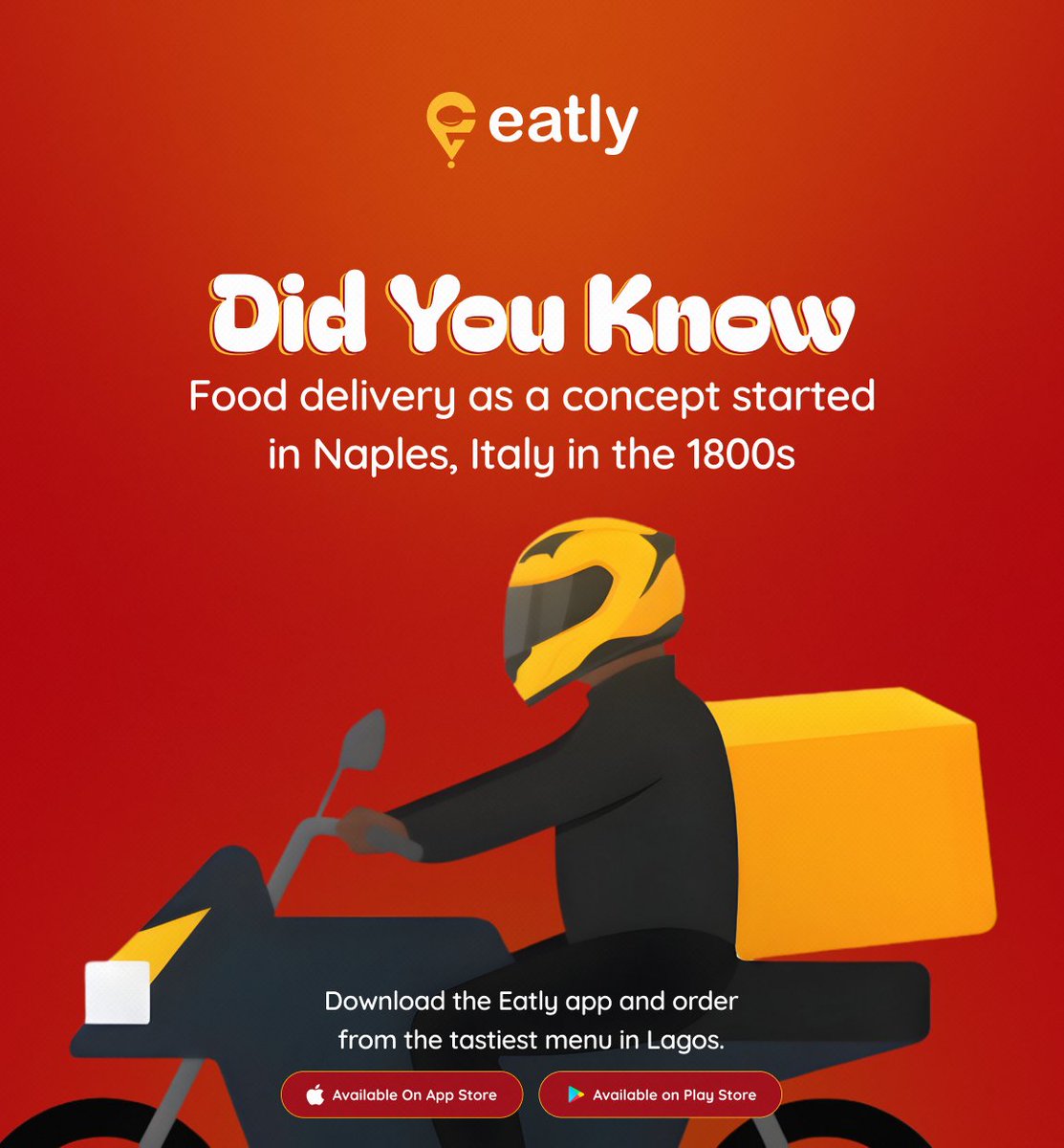 Eatlyio's tweet image. Food delivery traces back to 1800s Naples 🇮🇹, where pizza was delivered on foot. Today, Nigeria🇳🇬 is one of Africa’s fastest-growing delivery markets.

From Naples by foot to Lagos by bike, the mission remains the same.

#Eatlyng #FoodDelivery #DidYouKnow