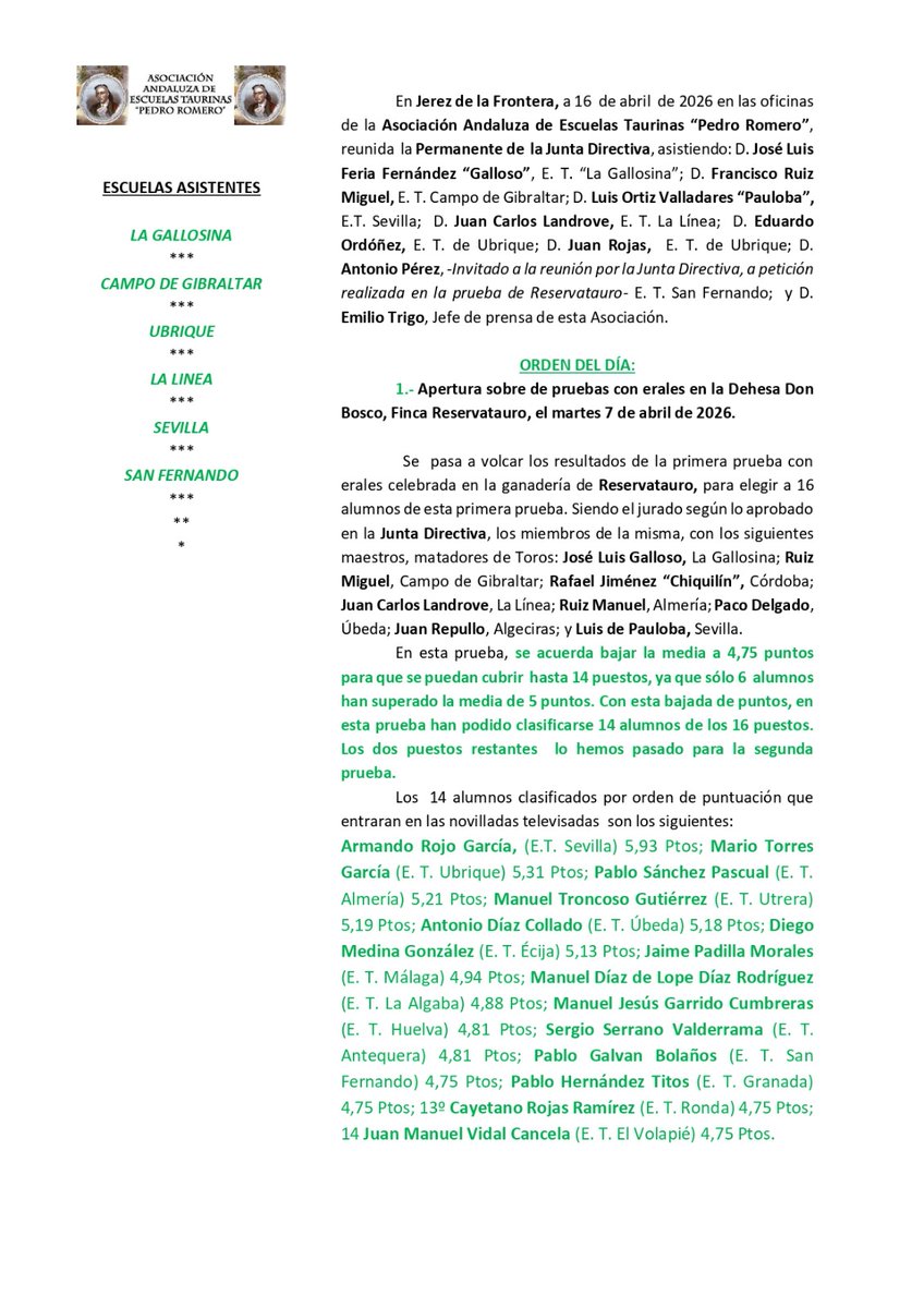 AAETPedroRomero's tweet photo. ⭕ (FOTONOTICIA - ACTAS DE PUNTUACIONES). Primera Selección de alumnos en Reservatauro para para XXXII Ciclo de Novilladas S/P de Canal Sur TV. 

#escuelastaurinas #Novilladas

🔗 Actas de puntuaciones también en el enlace de la BIOGRAFÍA

Más fotonoticas en el hilo (+) https://t.co/VlB0dX0fnv