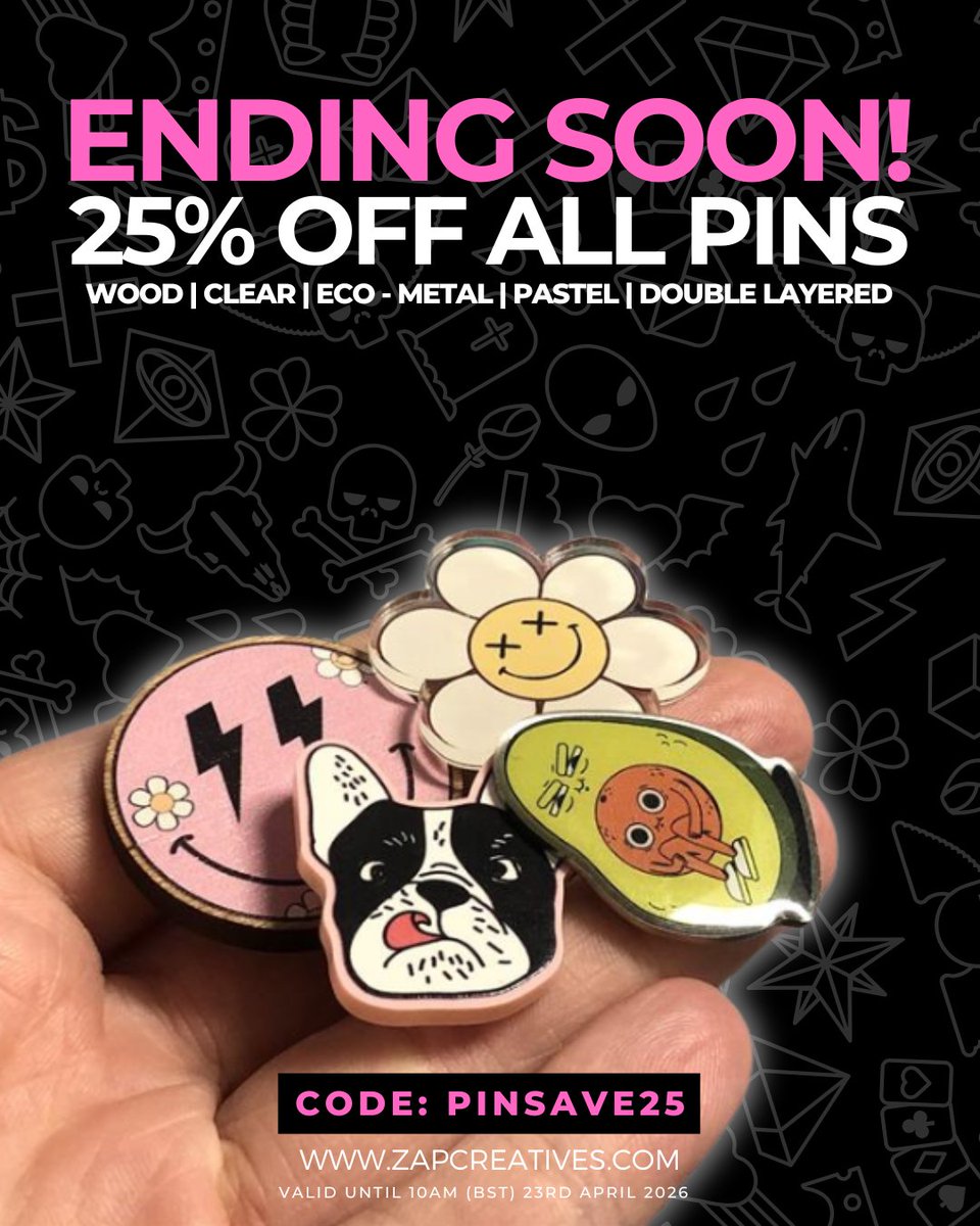 ZapCreatives's tweet image. ENDING SOON! Get 25% off ALL pin badges with code: PINSAVE25 ✨ *excluding button badges  Offer ends tomorrow 10am (BST)  Click the banner at the top of our page to enjoy this offer!  #keychains #merch #discount #eco #artist #custom #printing #smallbusiness #keys #acrylic #offer