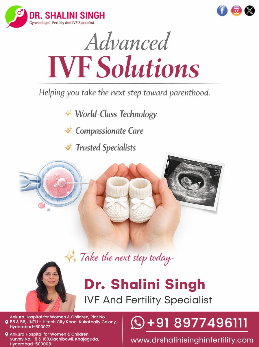 DrShalini111's tweet image. Advanced IVF solutions combine technology and expert care to help you achieve parenthood with confidence #IVF #FertilityCare #Infertility #ReproductiveHealth #Parenthood consult specialist toda

#DrShaliniSingh #FertilitySpecialist #AnkuraHospital #Kukatpally #Hyderabad