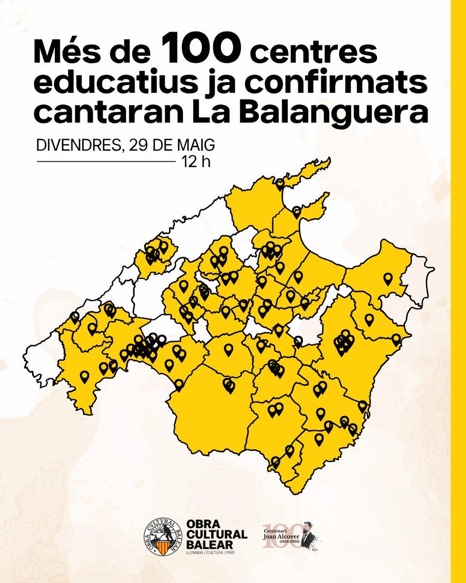 ocbcat's tweet photo. 🗺️🏫 Ja són més de 100 els centres educatius de Mallorca que s’han sumat a la cantada de La Balanguera! 🎶

🔥 Cada dia creix la xarxa de centres que, el pròxim 29 de maig a les 12 h, sortiran al pati per cantar-la tots plegats i formar part d’aquesta celebració col·lectiva.

🤝 Recordau que aquesta serà una activitat complementària a la gran cantada multitudinària convocada per l’OCB el mateix dia, a les 20 h, a tots els pobles i ciutats de Mallorca.

👀 Consultau la darrera actualització del mapa a https://t.co/UnyFKx4VXA
📩 El teu centre encara no hi surt? Encara hi sou a temps! Escriu-nos a activitats@ocb.cat