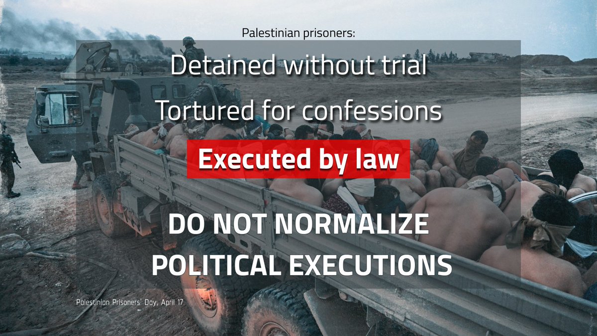 CIHRS_Alerts's tweet image. #PalestinianPrisonersDay
9,500 #Palestinians in #Israeli prisons — 73 women, 350 children.

⚠️The new Knesset death penalty law deepens discrimination and enables inhumane punishment.

⛔️ Don’t normalize political executions.

❌ Not today. Not ever.