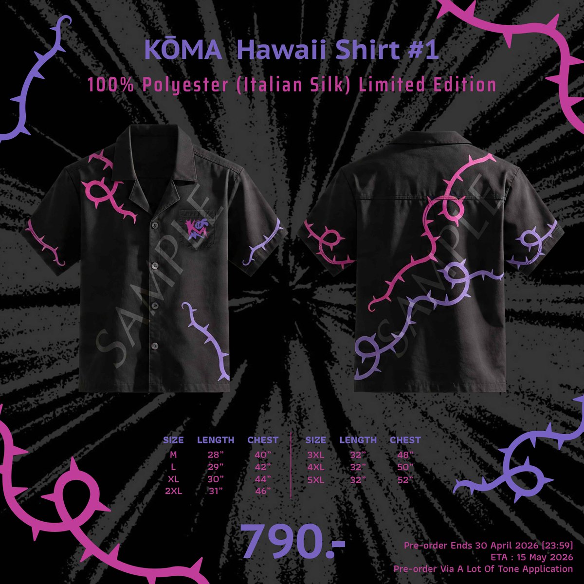 koma__info's tweet photo. #KŌMAMerchandise💊

꒷꒦︶꒷꒦︶꒷꒦︶꒷꒦︶꒷꒦︶꒷꒦︶꒦꒷

󠀠󠀠　　𝗞𝗢𝗠𝗔 𝗛𝗮𝘄𝗮𝗶𝗶 𝗦𝗵𝗶𝗿𝘁 # 𝟭
󠀠󠀠　　󠀠󠀠　　󠀠󠀠　790 THB.

𝗣𝗿𝗲-𝗼𝗿𝗱𝗲𝗿 𝗘𝗻𝗱𝘀: 30.04.2026 (23:59)

꒷꒦︶꒷꒦︶꒷꒦︶꒷꒦︶꒷꒦︶꒷꒦︶꒦꒷

𝗜𝘁𝗲𝗺 𝗱𝗲𝘁𝗮𝗶𝗹𝘀 Ი⑅𐑼♡
⤷ 100% Polyester (Italian Silk)

𝗦𝗶𝘇𝗲 𝗖𝗵𝗮𝗿𝘁 Ი⑅𐑼♡
• M (Length 28" / Chest 40")
• L (Length 29" / Chest 42")
• XL (Length 30" / Chest 44")
• 2XL (Length 31" / Chest 46")
• 3XL (Length 32" / Chest 48")
• 4XL (Length 32" / Chest 50")
• 5XL (Length 32" / Chest 52")

𝗣𝗿𝗲-𝗼𝗿𝗱𝗲𝗿 𝘃𝗶𝗮 𝗔 𝗟𝗼𝘁 𝗢𝗳 𝗧𝗼𝗻𝗲 𝗔𝗽𝗽𝗹𝗶𝗰𝗮𝘁𝗶𝗼𝗻
× IOS
⤷ https://t.co/EsbPiJzZpj
× Android
⤷ https://t.co/9Okp8UNztn...

𝗜𝗻𝘁𝗲𝗿𝗻𝗮𝘁𝗶𝗼𝗻𝗮𝗹 𝗙𝗮𝗻𝘀 𝗣𝗿𝗲-𝗼𝗿𝗱𝗲𝗿 𝘃𝗶𝗮 𝗞𝗼-𝗳𝗶
⤷ https://t.co/XNZWVSwGKv

𝗣𝗶𝗰𝗸𝘂𝗽 & 𝗦𝗵𝗶𝗽𝗽𝗶𝗻𝗴 𝗜𝗻𝗳𝗼𝗿𝗺𝗮𝘁𝗶𝗼𝗻
⤷ 𝗣𝗶𝗰𝗸 𝘂𝗽 𝗮𝘁 𝗔 𝗟𝗼𝘁 𝗢𝗳 𝗧𝗼𝗻𝗲 𝗯𝗼𝗼𝘁𝗵 starting from 15 May 2026 onwards (according to the band's event schedule).
⤷ 𝗥𝗲𝗰𝗲𝗶𝘃𝗲 𝘃𝗶𝗮 𝗽𝗼𝘀𝘁𝗮𝗹 𝗱𝗲𝗹𝗶𝘃𝗲𝗿𝘆 (items will begin shipping from 15 May 2026 onwards).
.
#KŌMA #コマ #ALotOfTone
