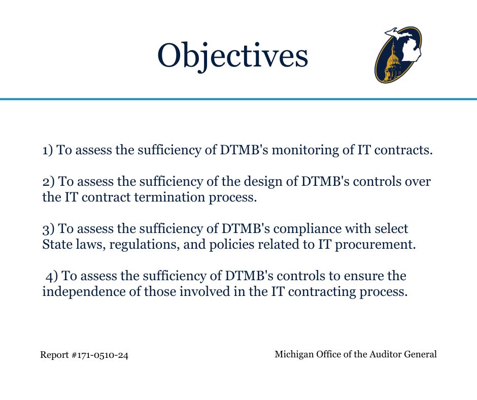 MIAUDGEN's tweet image. Scheduled for Release on 04/21/2026
Performance Audit: IT Contracting
Objectives: audgen.michigan.gov/in-progress/it…

#MIAUDGEN #AUDIT #Independent #Objective #Transparent