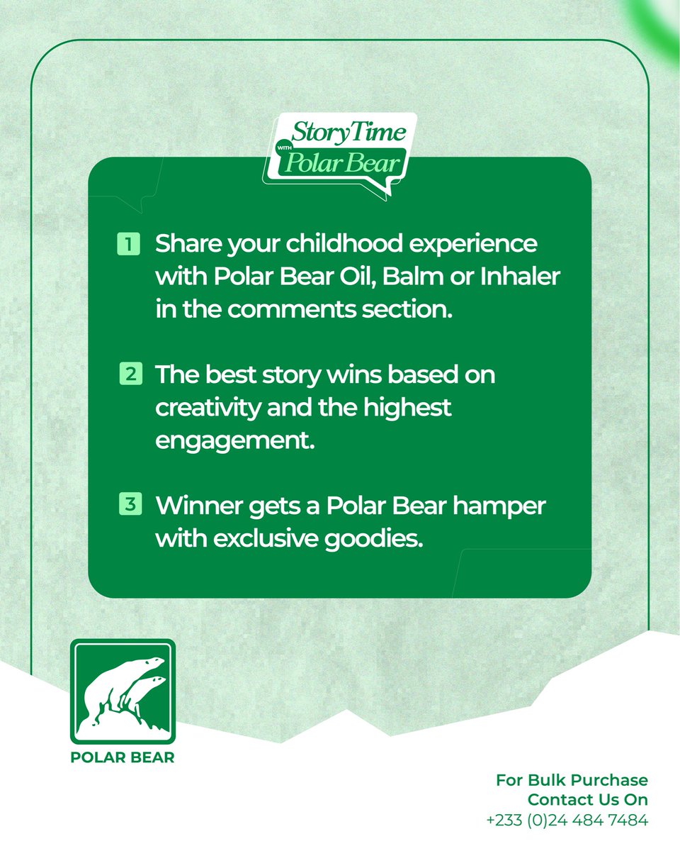 PolarBearghana's tweet image. Tell us about your childhood memory with any Polar Bear products to win a beautiful hamper from us. 
To enter: Follow our page 
Use the hashtag #polarbearstories
The best story with the highest engagement wins.

Let’s goooo!

Ts&amp;amp;Cs apply.

#storytime #childhoodmemories