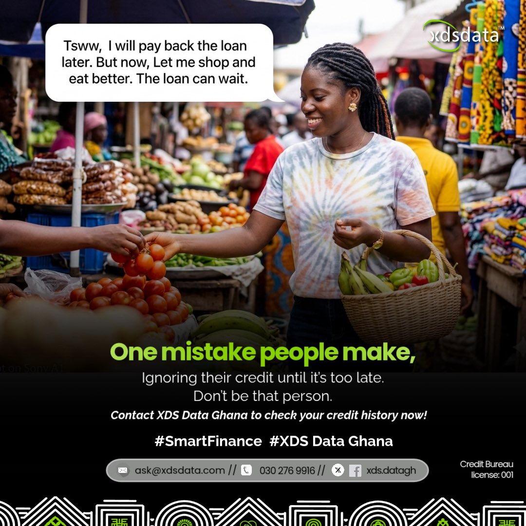 xdsdataGH's tweet image. One mistake people make, Ignoring their credit until it's too late. Don't be that person.

Contact XDS Data Ghana to check your credit history now!

#SmartFinance 
#FastService 
#CreditReport 
#XDSDataGhana