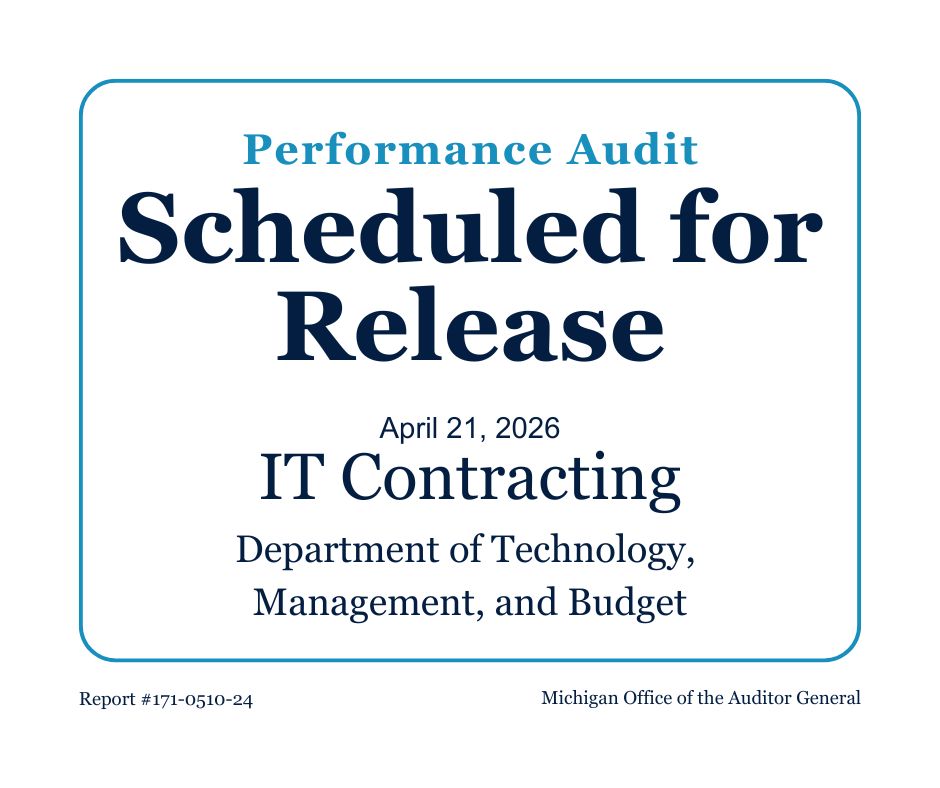 MIAUDGEN's tweet image. Scheduled for Release on 04/21/2026
Performance Audit: IT Contracting
Objectives: audgen.michigan.gov/in-progress/it…

#MIAUDGEN #AUDIT #Independent #Objective #Transparent