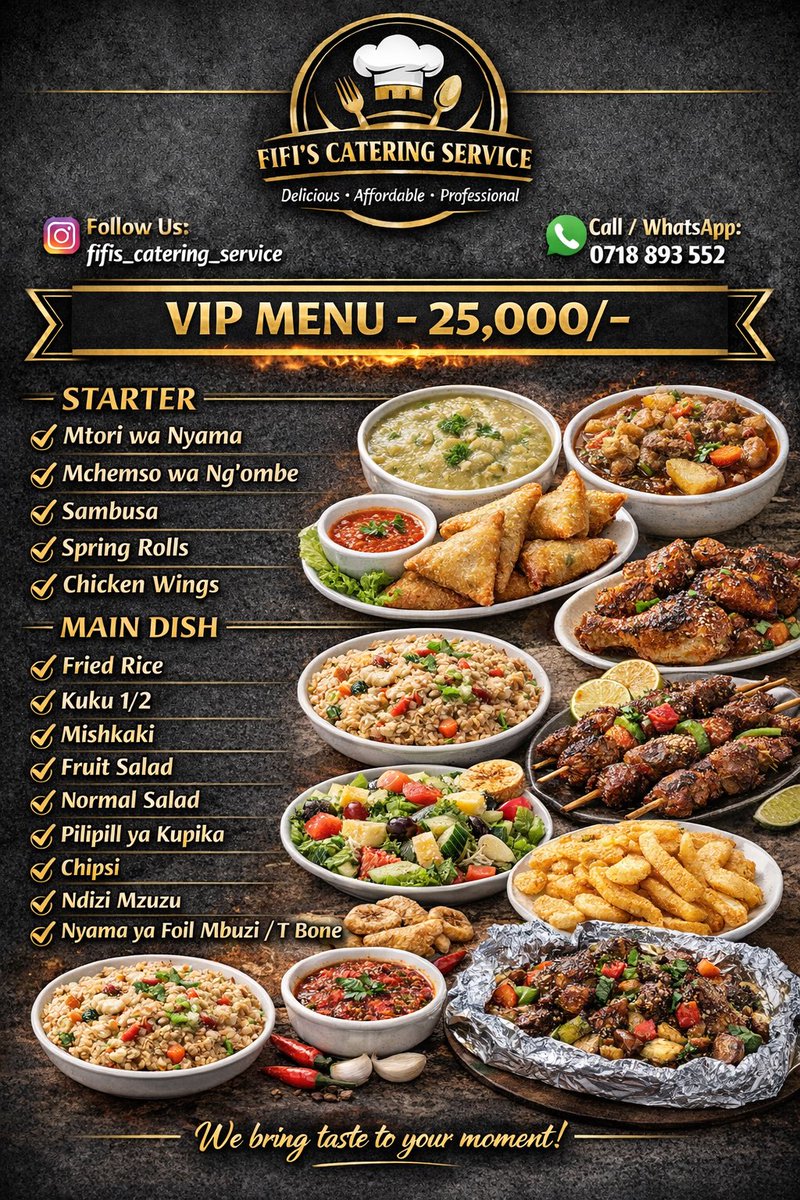 FamWorld2025's tweet photo. New Price for catering service‼️‼️‼️
contact: 0718893552
Location: Dar es salaam
Karibuni sana https://t.co/DErvol4FHL
