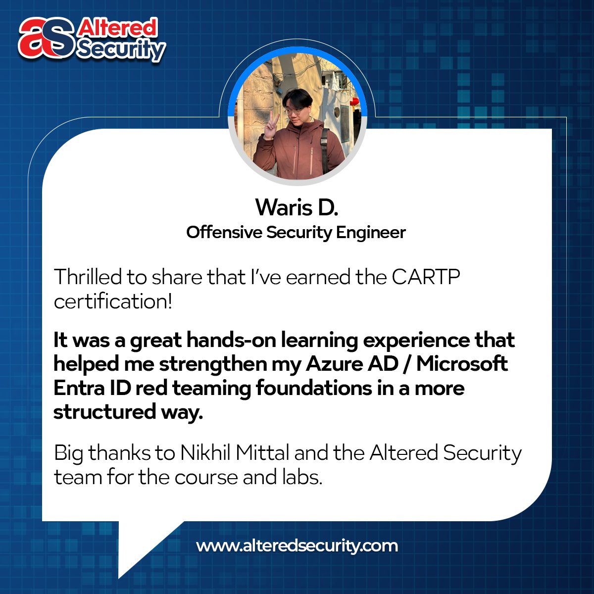 AlteredSecurity's tweet image. Student Love ❤ | CARTP Edition
Structured learning, hands-on labs and strong Azure AD foundations - CARTP achieved!

Read the detailed review here: medium.com/@waaris_m/my-c…

#CARTP #RedTeam #CyberSecurity #AlteredSecurity