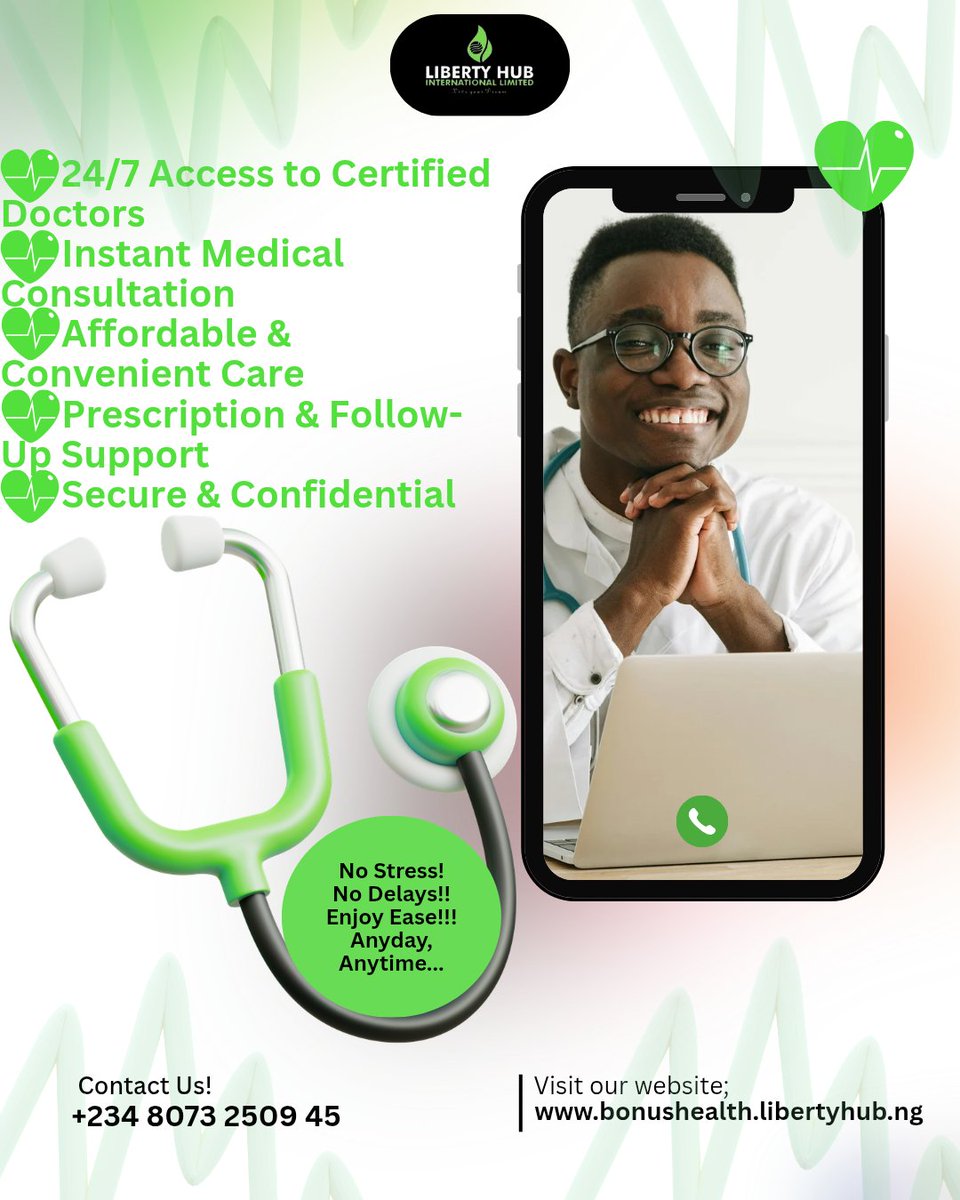 liberty_hub1's tweet image. No queues.
No stress..
Just care...
Healthcare at your fingertips, see a doctor anytime, anywhere with ease.
Enjoy fast, simple and reliable telemedicine specially tailored for you with Liberty Hub International Limited #affordable #Liberty #healthcare #viral
