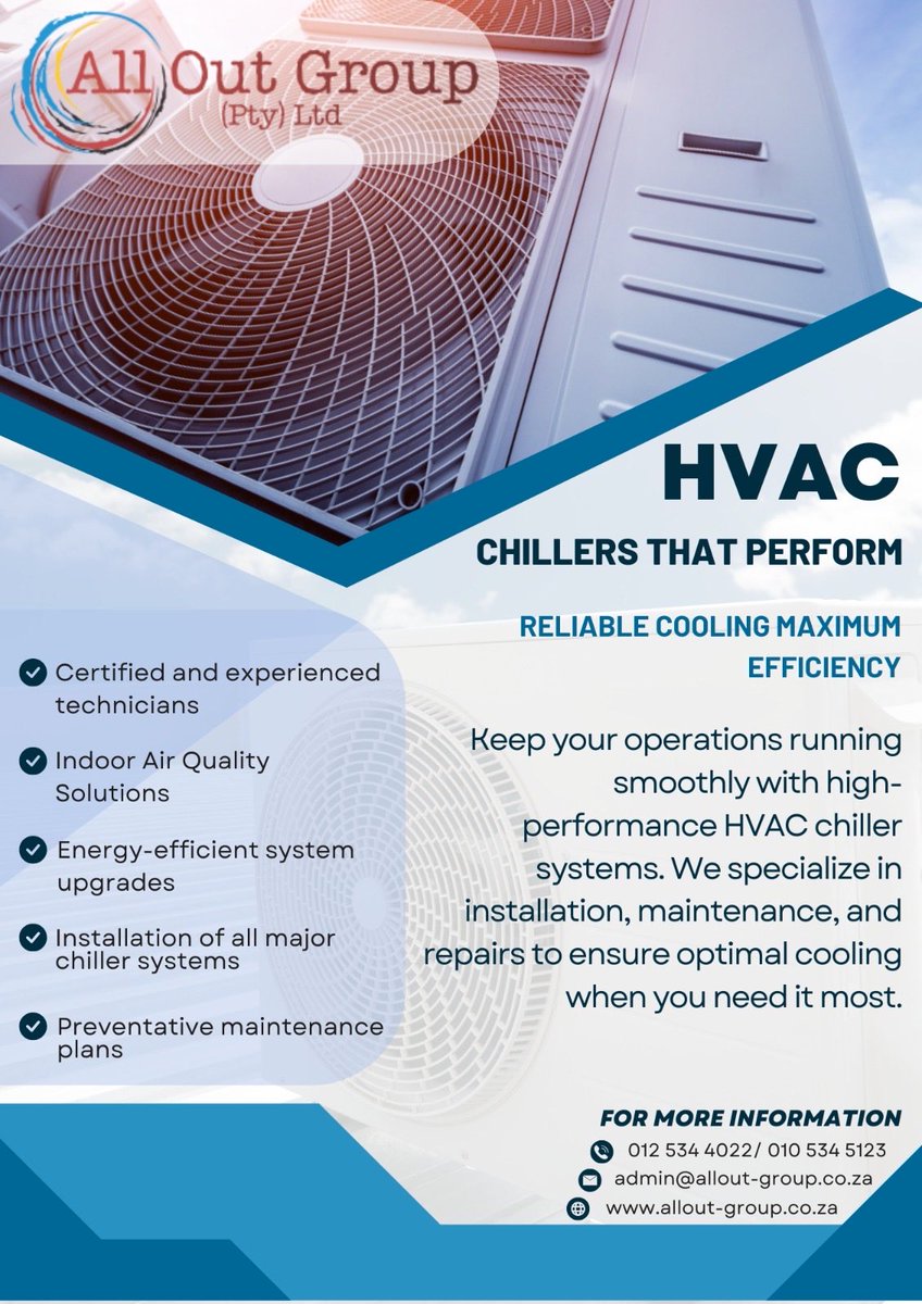 OutPty's tweet photo. Our expert team delivers reliable HVAC chiller solutions designed to keep your business running efficiently—no matter the demand. Installations or emergency repairs, we’ve got you covered 24/7.
📧 admin@allout-group.co.za
🌐 https://t.co/xt83rrS4oG
📞 012 534 4022 / 010 534 5123 https://t.co/37gsRlafrg