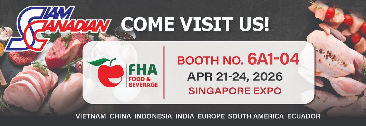 SiamCanadian's tweet photo. Join us at FHA Food &amp; Beverage 2026!

📍 Singapore Expo
📅 Apr 21–24, 2026
📌 Booth 6A1-04
Come meet our team &amp; explore new opportunities 🤝
#FHA2026 #Seafood #FoodTrade #SingaporeExpo #meat #poultry #siamcanadian https://t.co/BU5q6NgnSA