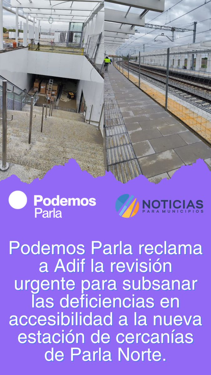 Podemos_Parla's tweet image. No hay rampas en la nueva estación Parla Norte: si fallan los ascensores, se pierde la accesibilidad.
Exigimos soluciones a PSOE y Más Madrid, queremos garantías para sillas de ruedas y carritos antes de la apertura. ♿️🚆 #Parla #inclusion #cercanías #accesibilidad