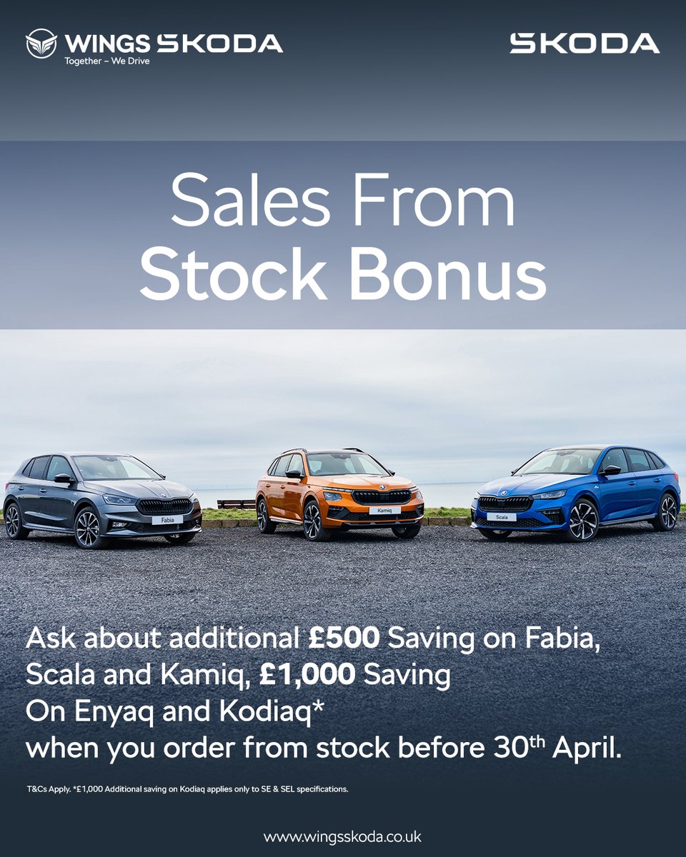🚗 Sales from Stock Bonus at Wings Škoda

Yes, you heard right… enjoy extra savings of up to £1,000 on selected new Škoda models - available for immediate delivery 🙌

 Be quick - offer ends 30th April

👉 Browse available stock: tinyurl.com/mph9szxb

#WingsSkoda #SkodaDeals