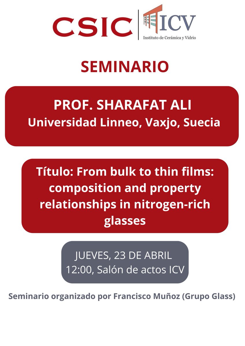 icvcsic's tweet image. 📢 Seminario ICV
El investigador Francisco Muñoz (grupo Glass) organiza el seminario del Prof. Sharafat Ali (Univ. Linneo, Suecia).
🧪From bulk to thin films: nitrogen-rich glasses
📅23 abril |🕛12:00 h
📍 Salón de actos ICV
#ICV #CSIC #GlassScience #ThinFilms @CSIC @CSICdivulga