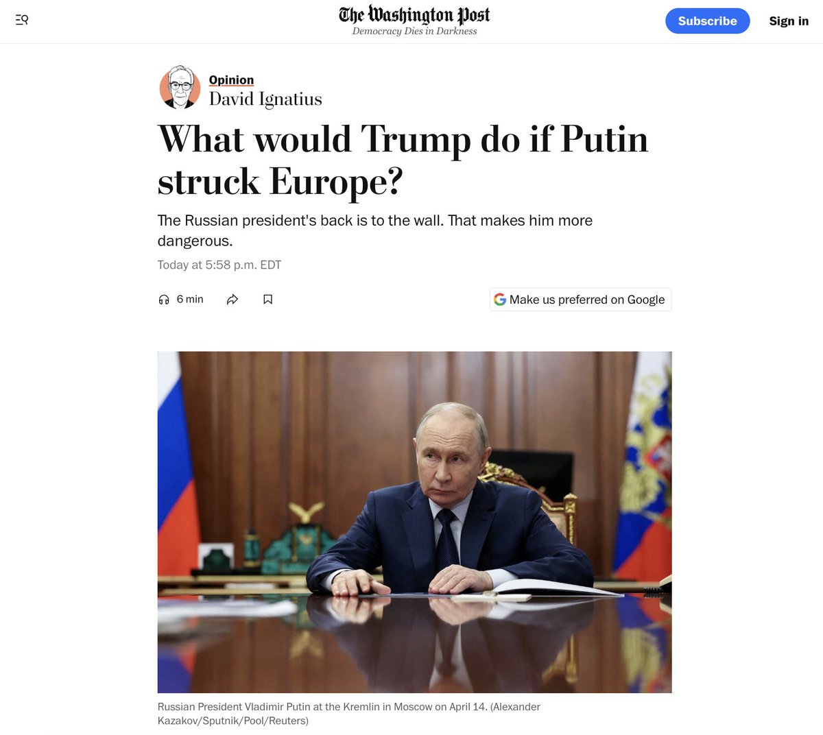 Колумнист The Washington Post назвал безвыходным положение Путина. Это толкает Кремль к войне с Европой

Российский президент оказался в безвыходном положении, и это делает его ещё более опасным, пишет колумнист The Washington Post Дэвид Игнатиус. Владимир Путин может чувствовать