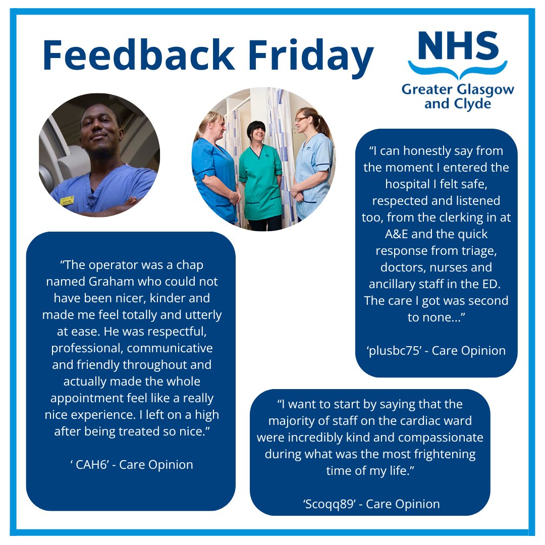 NHSGGC's tweet image. 📰 Feedback Friday!

Celebrate the excellent staff within Cardiology services across NHSGGC with us!

Tell us your story at careopinion.org.uk/tellyourstory

#NHSGGC #FeedbackFriday #Feedback