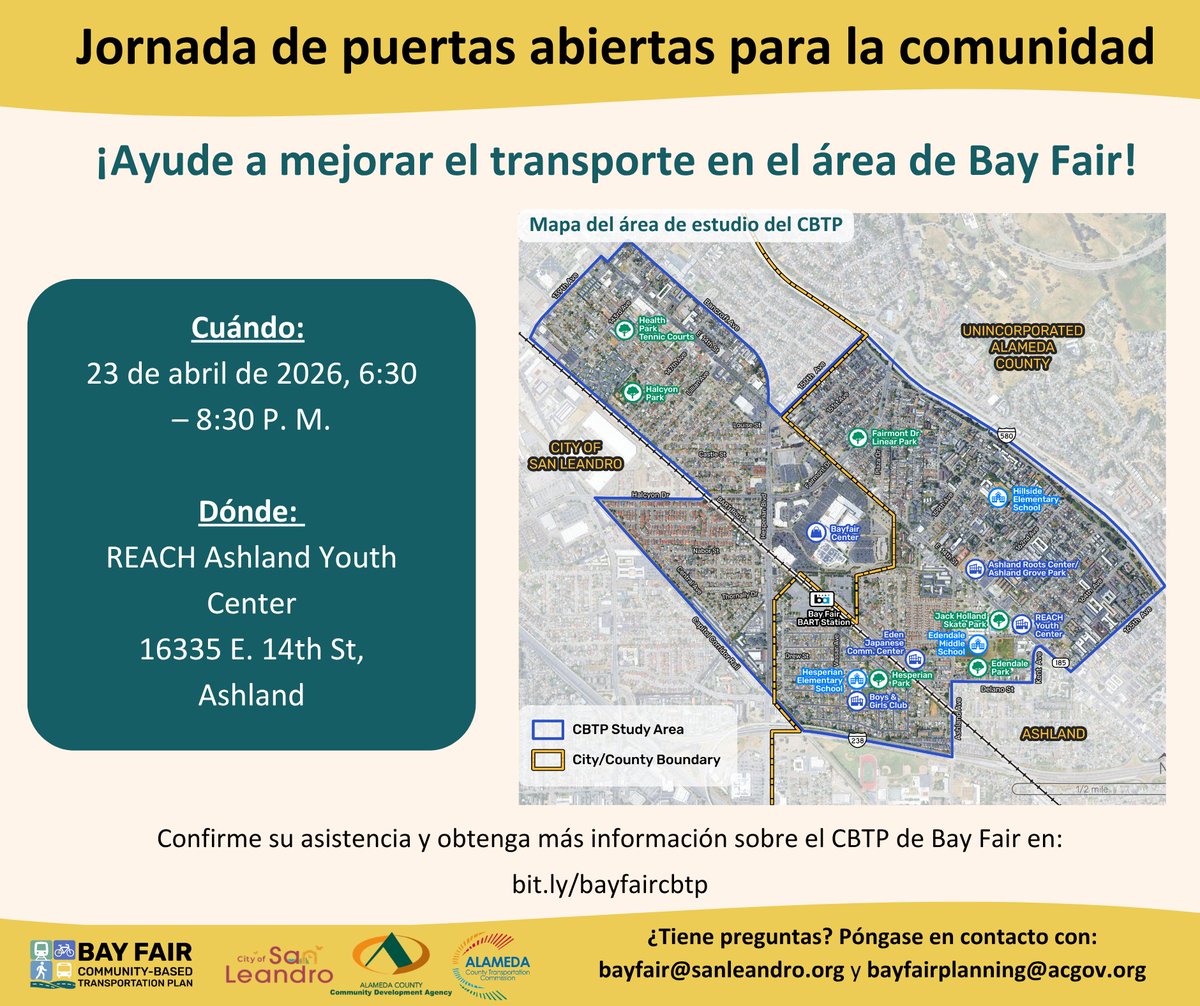 AlamedaCounty's tweet photo. Help make transportation safer &amp; more convenient in the Bay Fair Area! Join us &amp; City of San Leandro for our Community Open House with snacks, a kids’ coloring station, &amp; giveaways. 

Thurs, April 23 6:30pm-8:30pm 
REACH Ashland Youth Center 
RSVP today! https://t.co/hP1vYfUoOv https://t.co/pgG2eMPjS0