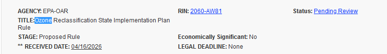 SeanatLarge26's tweet image. #EPA sent this proposed rule to the White House yesterday for the usual customary review. It would revisit Biden-era compliance deadlines for parts of the U.S. flunking the agency's 2015 ground-level ozone standard:  

#AirPollution #smog