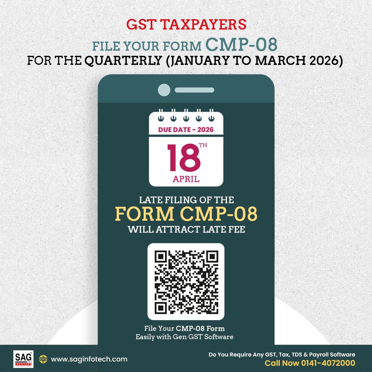 gsthelpline's tweet photo. Due Date Reminder!
Please note that 18th April 2026 is the due date to file Form CMP-08 for the January to March 2026 quarter.
Get more: https://t.co/B3rzzMFN6d
#gst #cmp08 #formcmp08 #GSTDueDate #Quarterly #paymentduedate https://t.co/MWxCBHMyEK