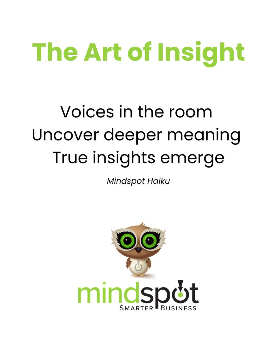 Mindspot's tweet image. The Art of Insight ✍️
Voices in the room
Uncover deeper meaning 
True insights emerge
Finding the rhythm in the research this #NationalHaikuPoetryDay. 
#MindspotResearch #ConsumerInsights #Haiku