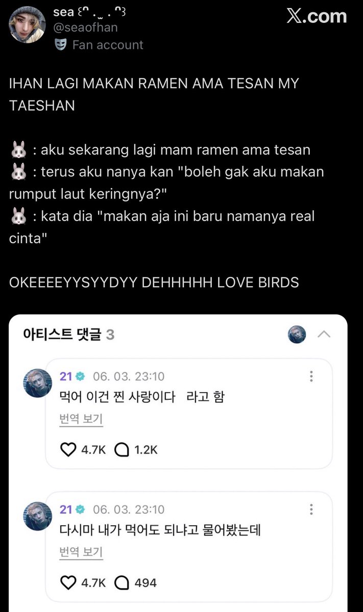 seaofhan's tweet image. taeshan... 

tesan bagi rumput laut keringnya buat ihan terus bilang itu bukti CINTA SEJATI vs iyan ngupasin udang buat tesan dan bilang itu TANDA CINTA yum....