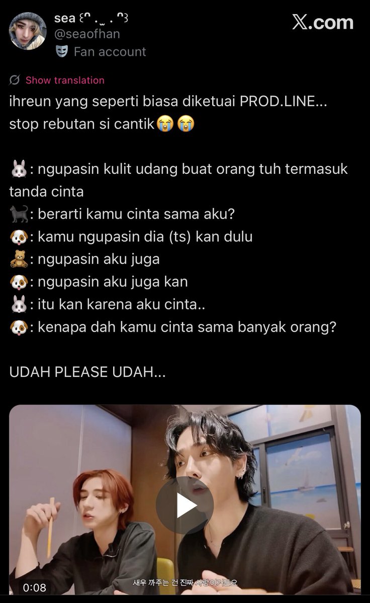 seaofhan's tweet image. taeshan... 

tesan bagi rumput laut keringnya buat ihan terus bilang itu bukti CINTA SEJATI vs iyan ngupasin udang buat tesan dan bilang itu TANDA CINTA yum....