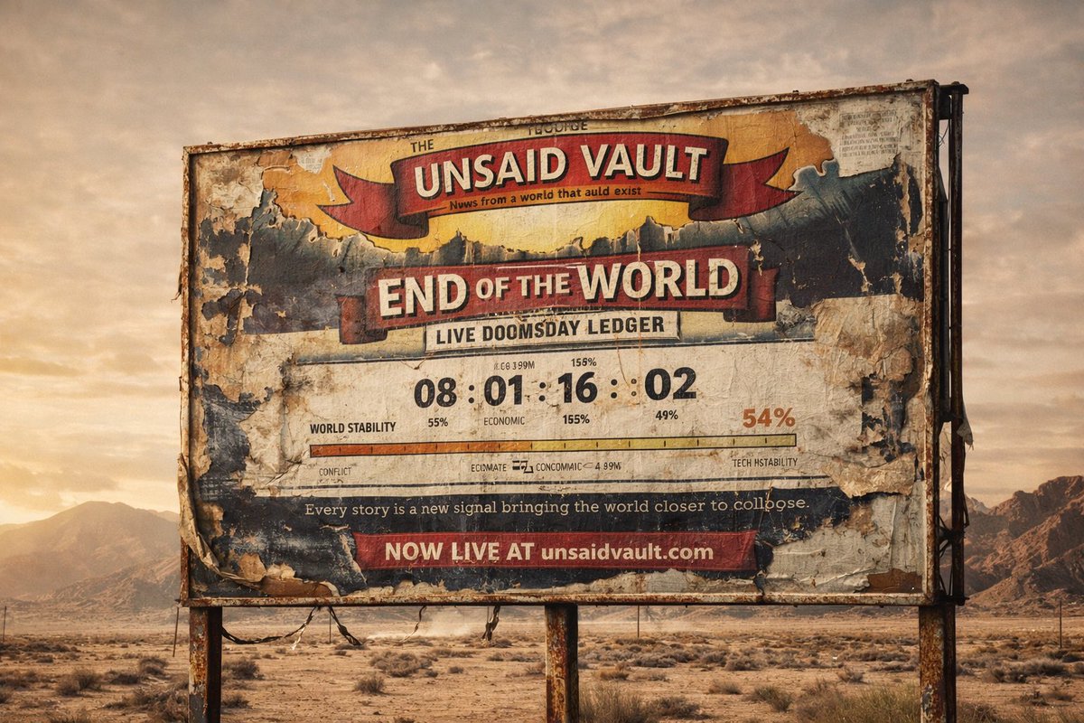 UnsaidVault's tweet photo. This billboard isn’t warning you.

It’s updating you.

Every story shifts the clock. Every signal adds up.
The world doesn’t end in a moment… it builds towards it.

We’re just tracking it.

Welcome to the ledger.
https://t.co/8e8bZXls8t

#UnsaidVault #DoomsdayLedger #AlternateReality #DigitalNewspaper #SpeculativeFiction