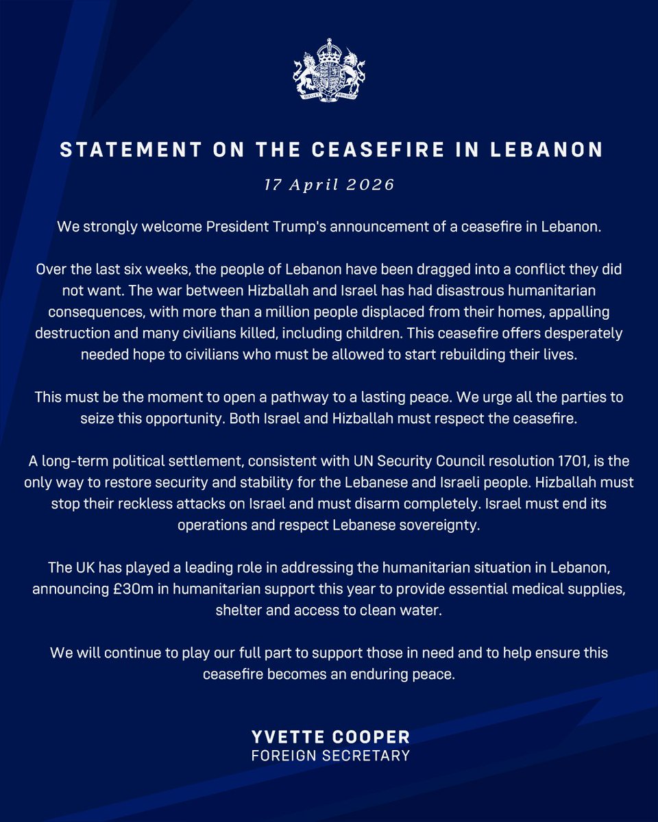 Statement from Foreign Secretary @yvettecoopermp welcoming the announcement of a ceasefire in Lebanon ⬇️