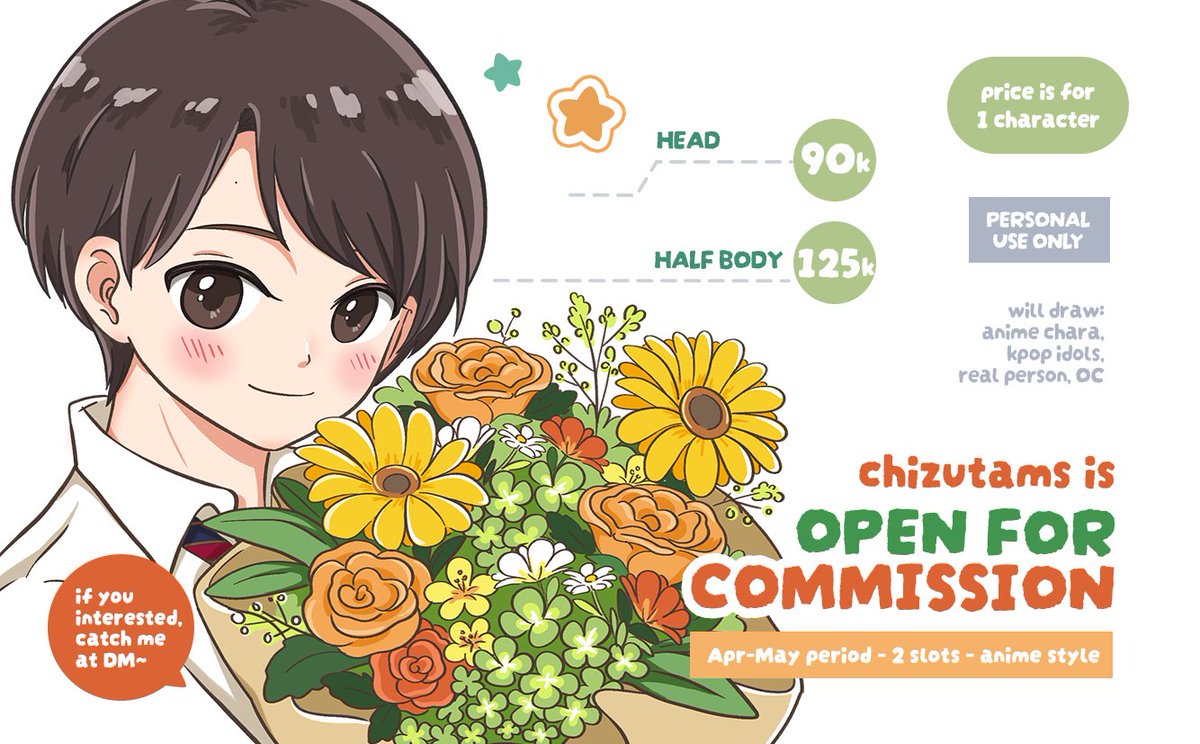 chizutams's tweet image. halo! i'm open for chibi and anime style commission for Apr-May period😀🍀 4 slots for chibi style, and 2 slot for anime style~ if u interested, please catch me at DM, thankyouu 🥰 #opencommissions #zonauang #commissionart #chizucommission