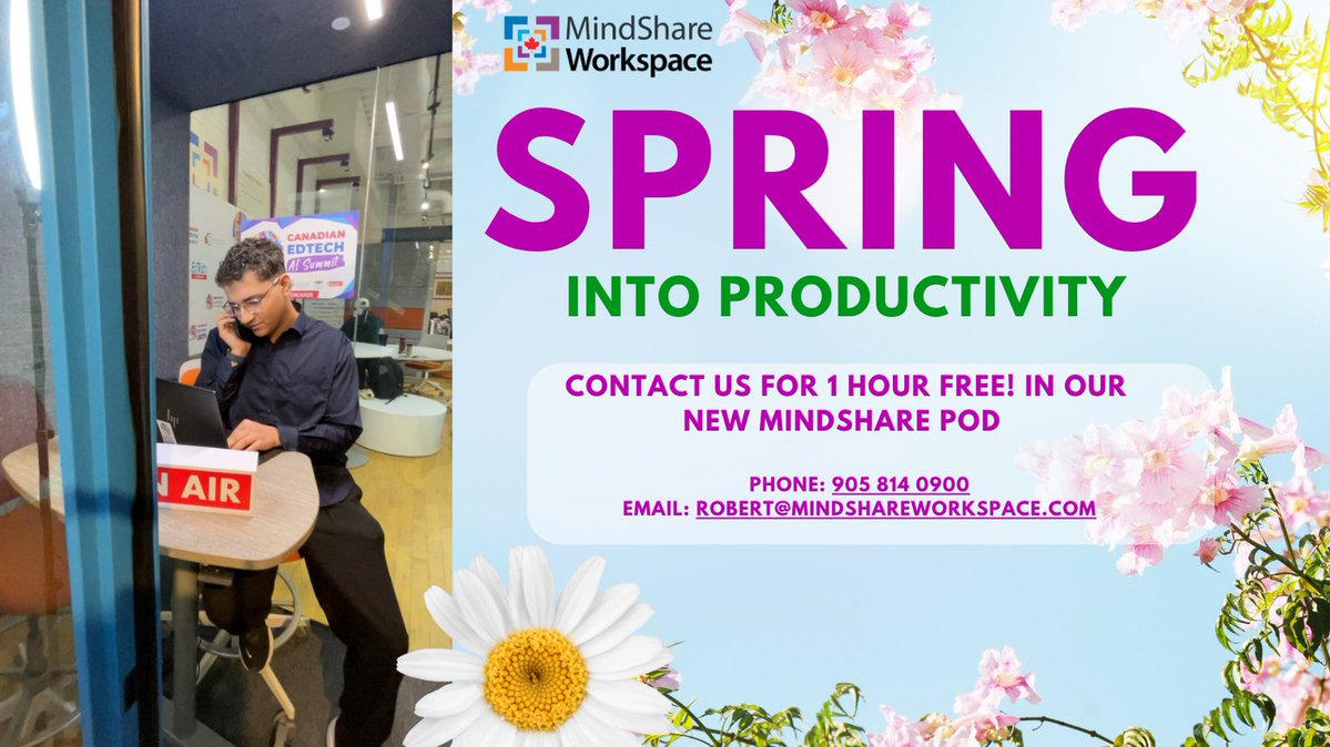 MindShareWork's tweet image. Spring into productivity 🌸 Book your FREE 1-hour MindShare Pod session today! 🚀
Join us at @erinmillstowncenter with @mindsharelearn
📩 DM to book now!
#Productivity #Coworking #StartupLife #WorkSmart #Entrepreneur #Toronto #Focus