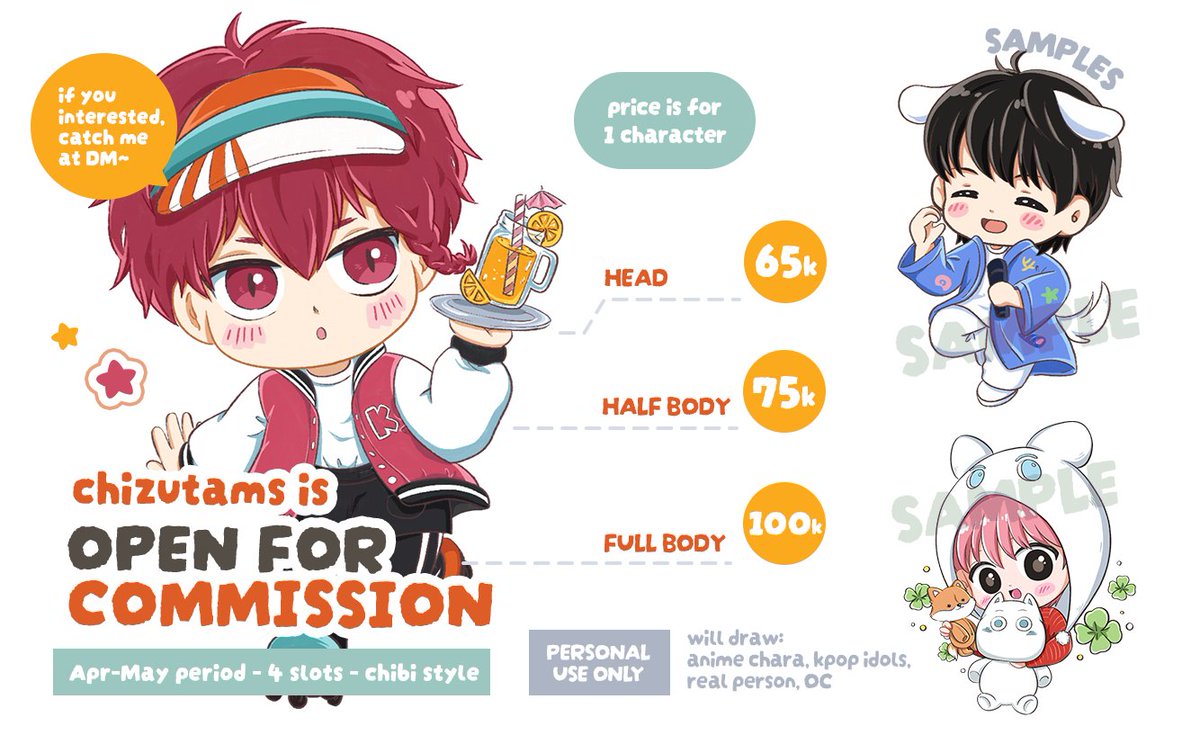 chizutams's tweet image. halo! i'm open for chibi and anime style commission for Apr-May period😀🍀 4 slots for chibi style, and 2 slot for anime style~ if u interested, please catch me at DM, thankyouu 🥰 #opencommissions #zonauang #commissionart #chizucommission