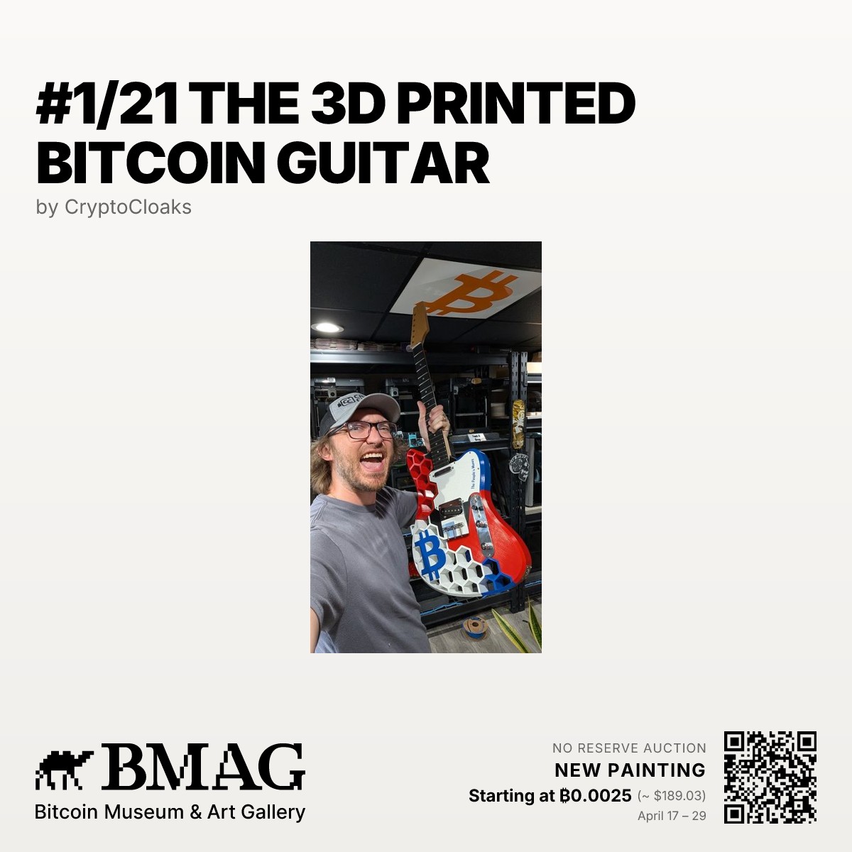 BMAG_HQ's tweet image. Now on the block: #1/21 The 3D Printed Bitcoin Guitar by @cryptocloaks.

Bidding starts at ₿0.0025 (≈$189.03).
April 17 – 29 · No Reserve

#BitcoinArt #BMAG