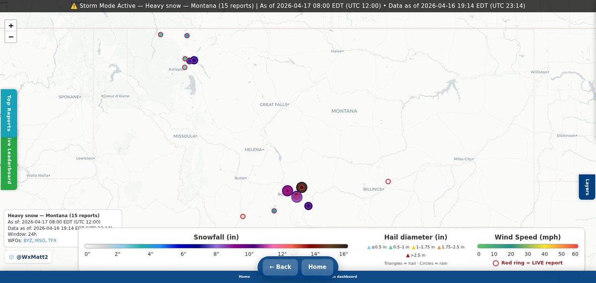 WxMatt2's tweet image. Snowfall reports ongoing across the Northern Rockies.
🌨️ 16" snowfall reported in Gallatin, MT.
Snow reports continue across the area.
Live snowfall map:
wxmap.io/maps/trending?…

#snow #winterstorm #wx #mtwx