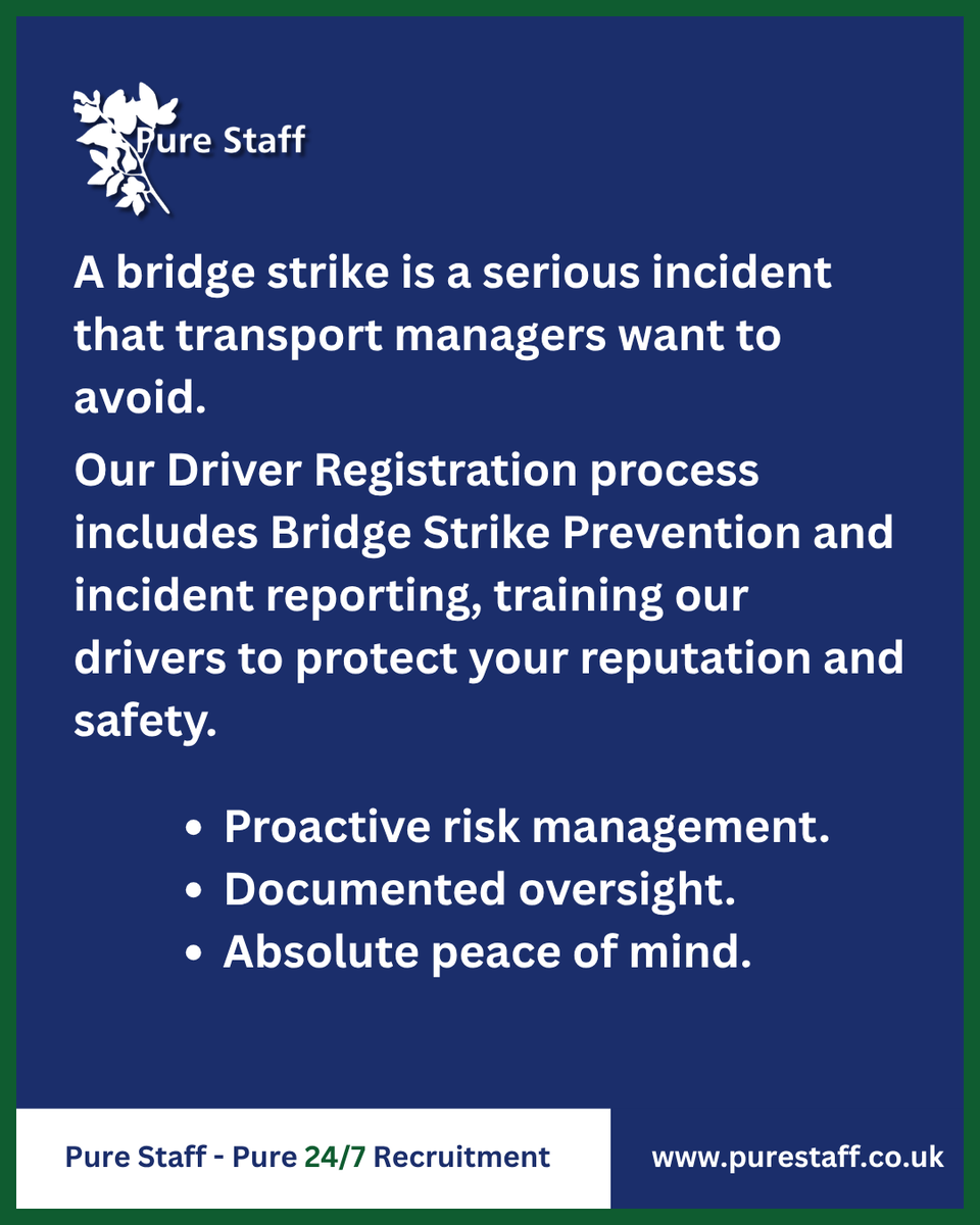 Avoid the nightmare of a bridge strike with Pure Staff. 

Our Driver Regulatory Compliance Framework includes dedicated prevention protocols and clear incident reporting to protect your fleet and reputation.

✅ Proactive risk management 
✅ Documented oversight 

#PureStaff