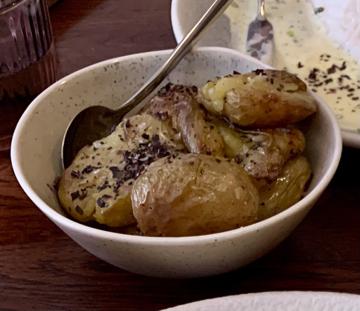 FTTBYD's tweet photo. Champagne-baked turbot, champagne and chive veloute at Dulse in Edinburgh. Beautiful piece of fish, accurately-cooked, a simple but completely enchanting sauce; just a plate of pure, unadulterated joy. With some really mega seaweed potatoes on the side. https://t.co/mWI7OwzqyP