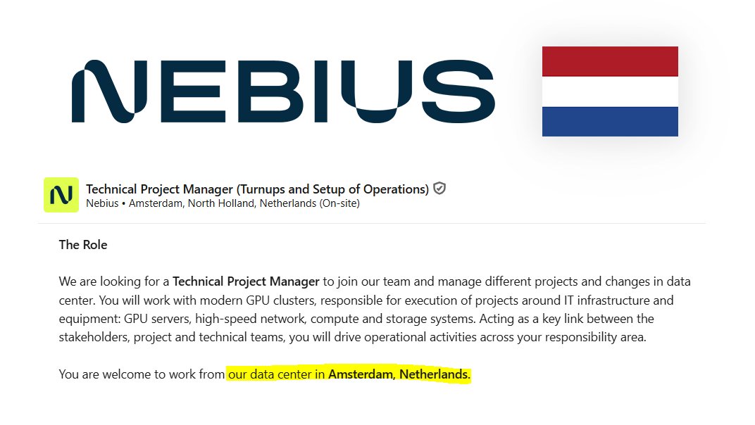 mvcinvesting's tweet photo. 🚨 Looks like it’s confirmed: $NBIS is building a data center in Amsterdam, Netherlands.

There were already a few hints, but this is the clearest one so far.

$NBIS just posted a new role explicitly stating it will be “to work from our data center in Amsterdam.” https://t.co/N42MMjJU3P