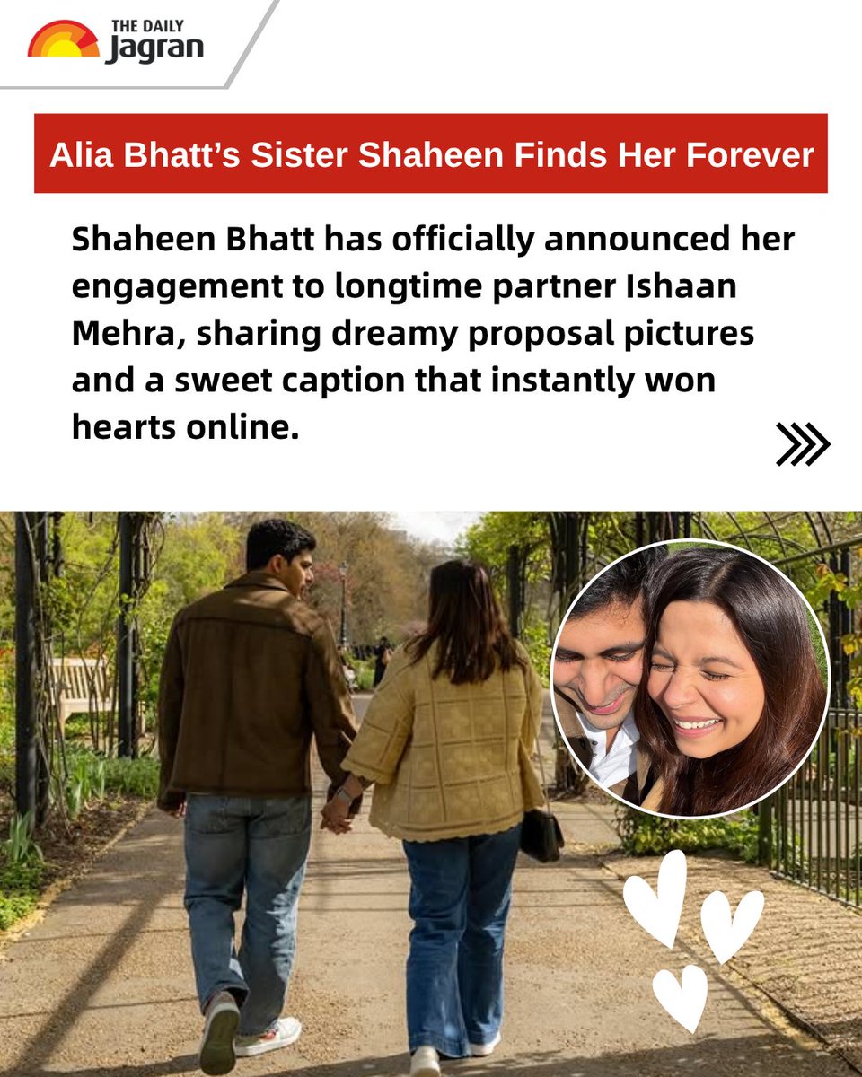 TheDailyJagran's tweet photo. #SwipeToRead | Shaheen Bhatt-Ishaan Mehra Engagement: Shaheen Bhatt, the eldest daughter of filmmaker Mahesh Bhatt and sister to superstar Alia Bhatt, has officially announced her engagement to Ishaan Mehra. Know everything about the Shaheen Bhatt's fiance Ishaan Mehra here.

#ShaheenBhatt #Engagement #AliaBhatt #LoveStory #CelebrityNews #Filmmaker #MaheshBhatt #Fiance

[Shaheen Bhatt, Engagement, Alia Bhatt,  Love Story, Filmmaker, Fiance, The Daily Jagran]