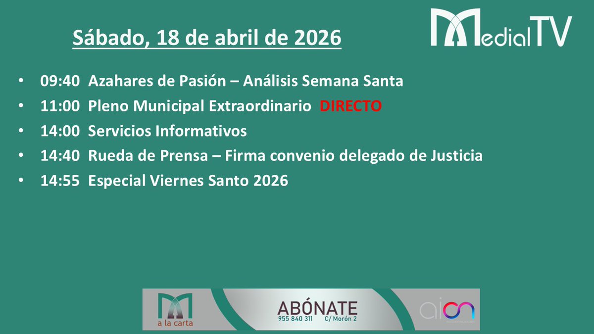 Medial_TV's tweet image. #Programación #MedialTV📺
Sábado, 18 de abril. Estos son nuestros contenidos para hoy:

▶️ 11:00h. Pleno Municipal Extraordinario en DIRECTO.

No te lo pierdas‼️
