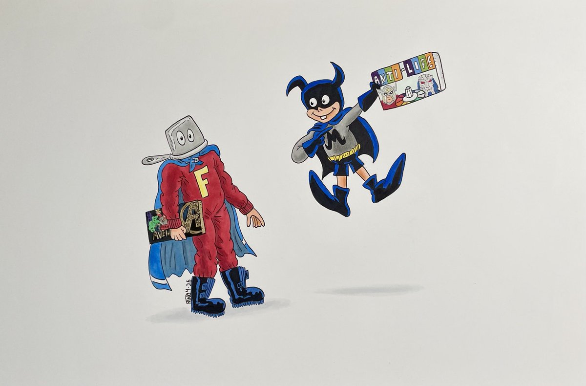 smithwulf's tweet photo. With all the recent Marvel/DC crossover events, I thought it was time for Forbush Man and Bat-Mite to meet! #Forbushman #Bat-Mite #copicmarkers #Marvel/DCcrossover https://t.co/8nTunL24le